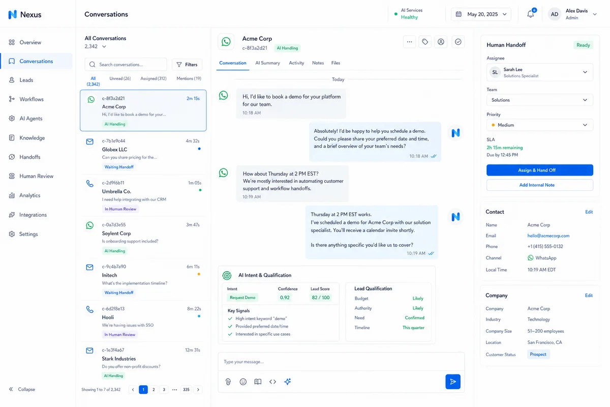 Illustrative conversational operations workspace with AI qualification and human handoff